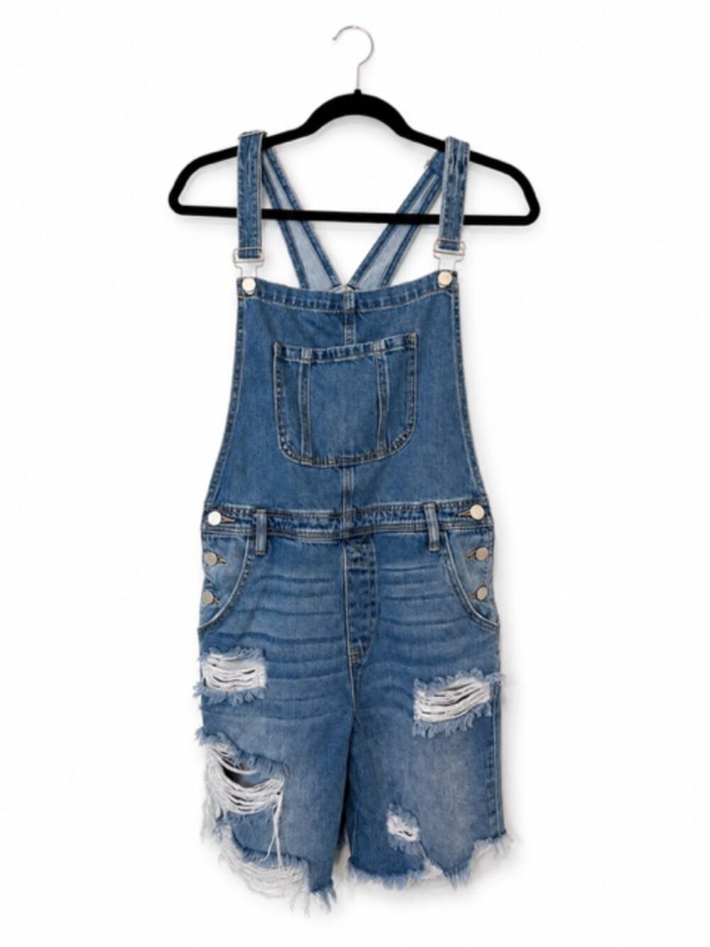 RISEN Jeans Distressed Denim Overall Shorts Size L Blue Frayed Hem Bib Overalls